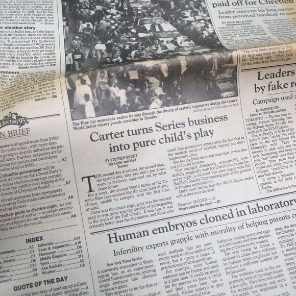 Vintage 1993 Globe & Mail Newspaper Toronto Blue Jays Championship Game Baseball - Picture 5 of 6